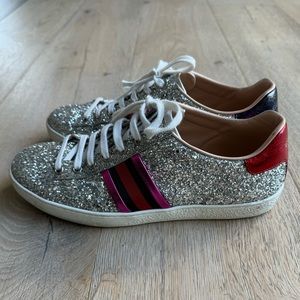 Gucci Silver Glitter Sneakers with Red and Pink Accents